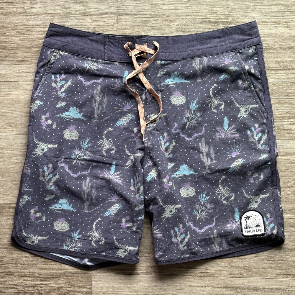 Howler Brothers Gray and Purple Board Shorts with Nautical Design